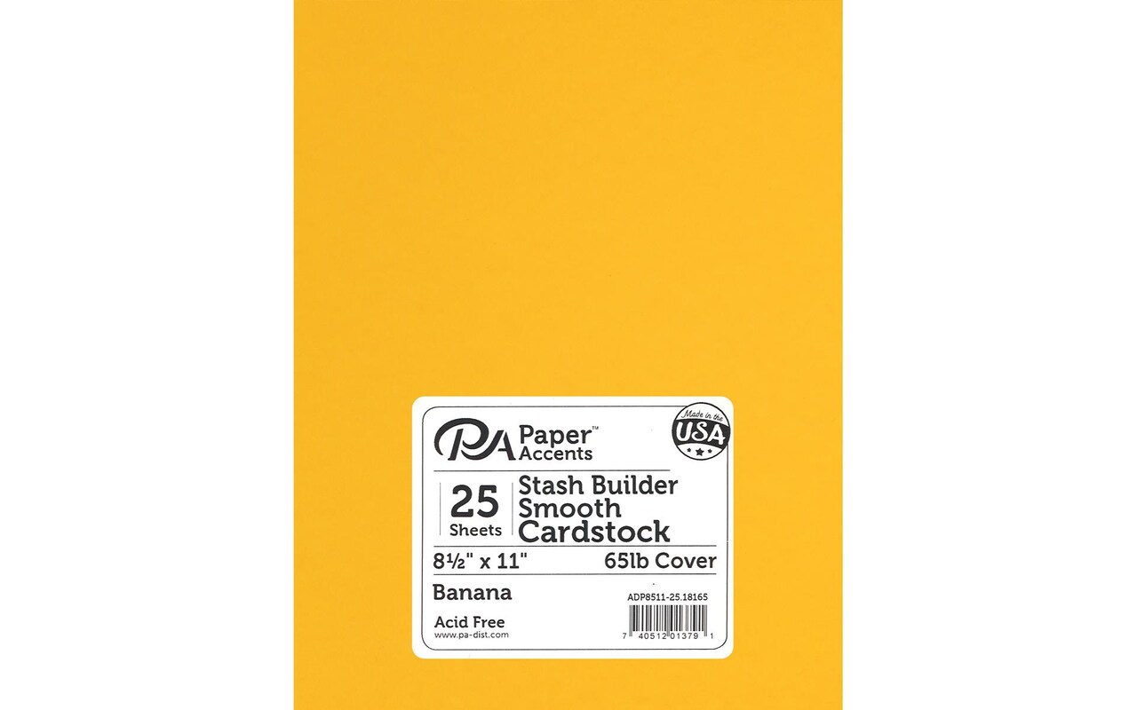 PA Paper Accents Stash Builder Cardstock 8.5" x 11" Banana, 65lb colored cardstock paper for card making, scrapbooking, printing, quilling and crafts, 25 piece pack